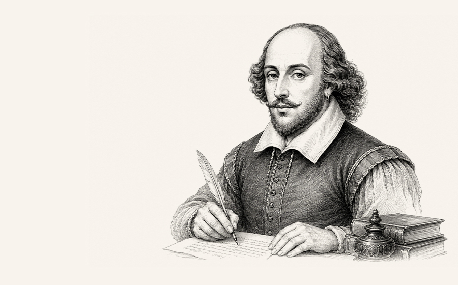 Illustration of Shakespeare with a manuscript background